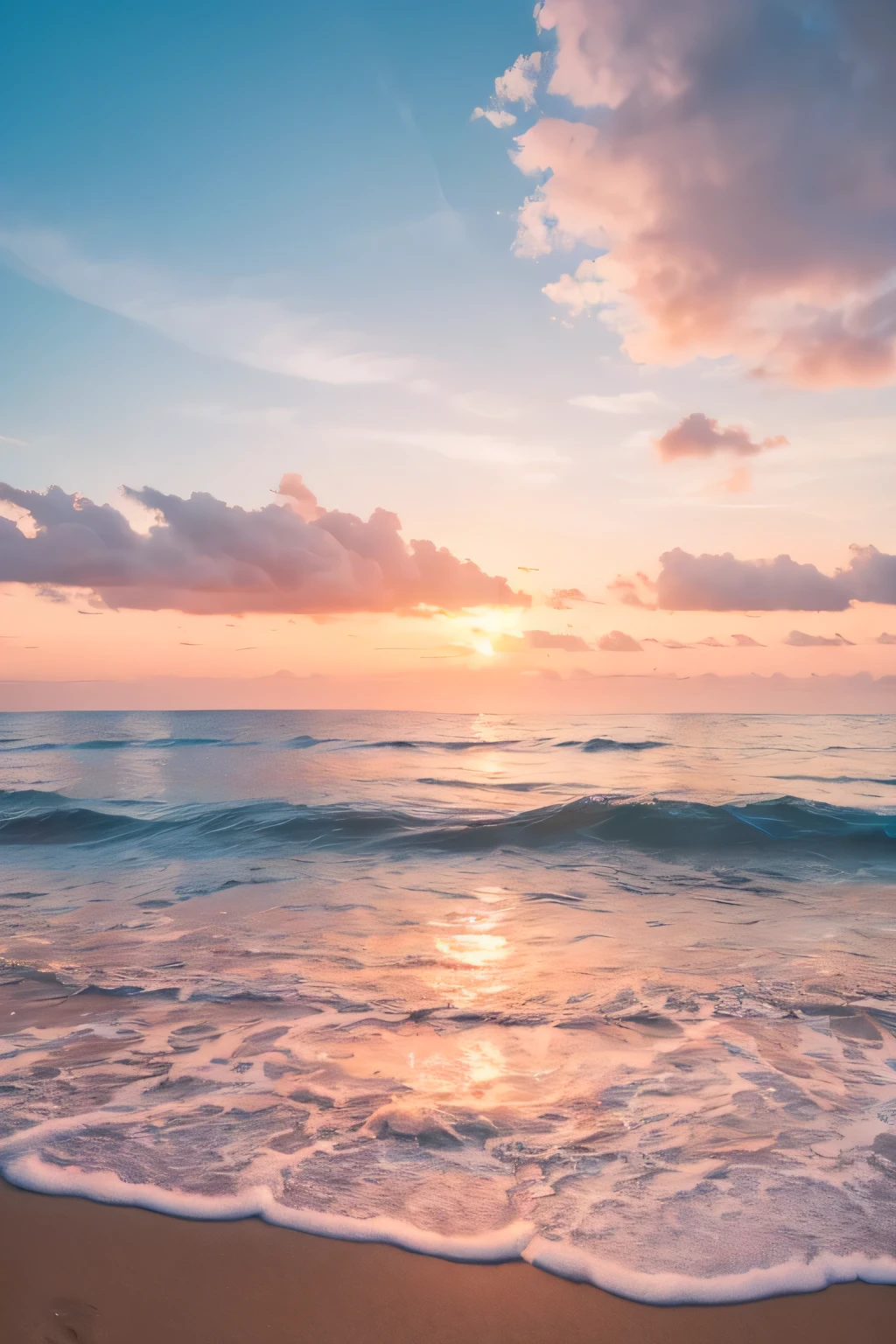 "Create an image of a serene beach at sunset with gentle waves lapping at the shore. The sky is filled with soft pink and blue pastel clouds.