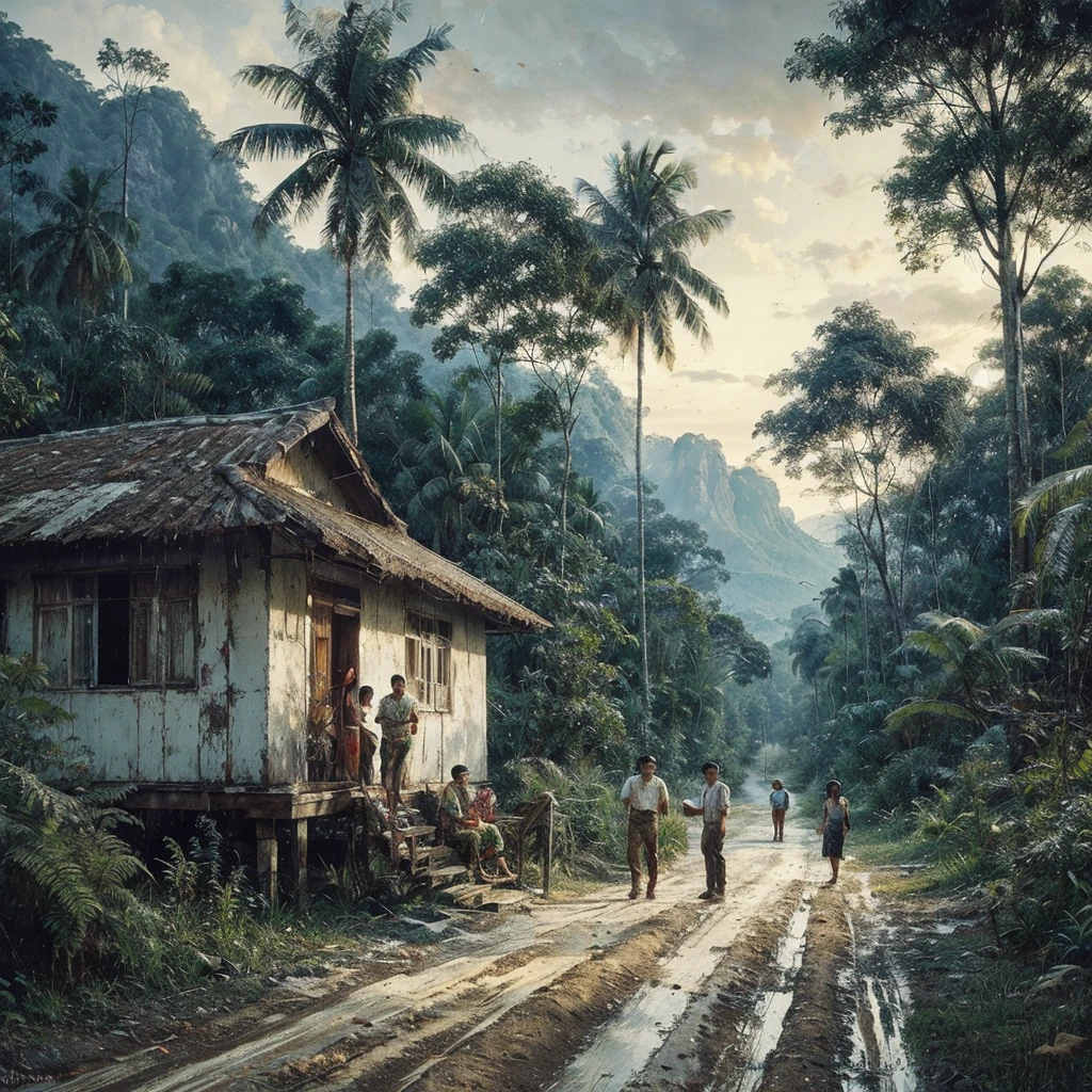 Oil paint splattered era 1960, a view, dirt road junction, There is an open house without a room where 2 people are chatting in the house, There was a man who was walking behind him, there was a woman, samping kanan kiri forest rapat borneo, there is a mountain background, forest, coconut tree, and trees, there is bush grass, ferns plant,very dark night,naturalism,Realism,very dull canvas,basuki abdullah style,Oil paint splashes are intuitive