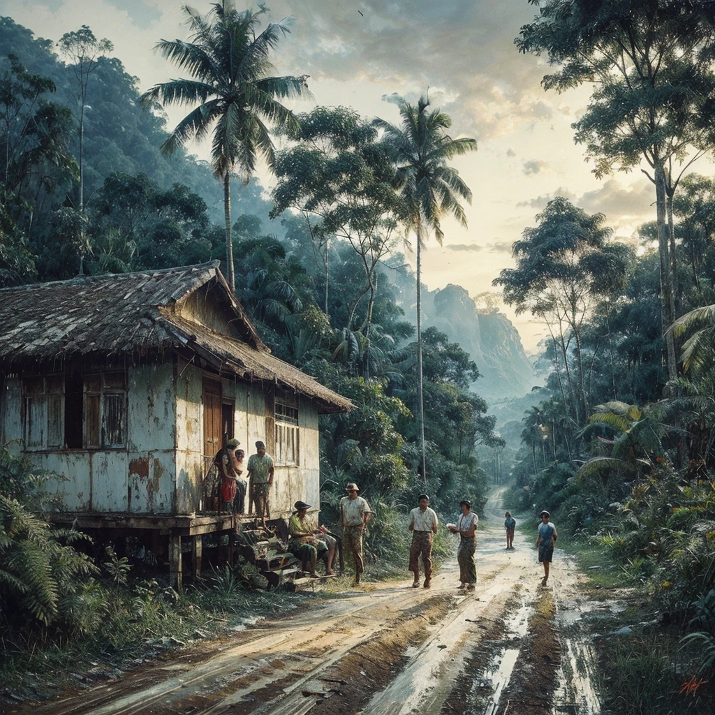 Oil paint splattered era 1960, a view, dirt road junction, There is an open house without a room where 2 people are chatting in the house, There was a man who was walking behind him, there was a woman, samping kanan kiri forest rapat borneo, there is a mountain background, forest, coconut tree, and trees, there is bush grass, ferns plant,very dark night,naturalism,Realism,very dull canvas,basuki abdullah style,Oil paint splashes are intuitive