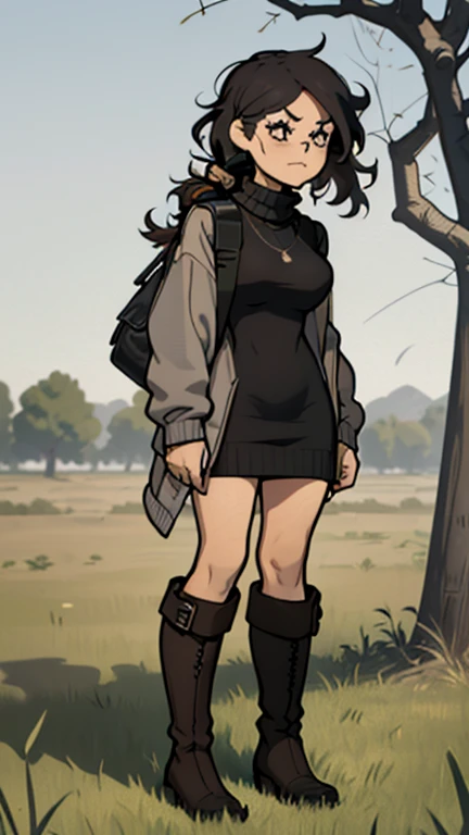 (detailed), (((normal girl))), (Arabic characteristics), ((gray wool jacket)), ((pelo negro rizado free hair)), ((free hair)), (calm face), ((by the width)), ((Brown boots)), (((whole body))), ((in the middle of a field leaning on a tree), ((woman)), (gray turtleneck sweater), ((only one person)), (at midday)