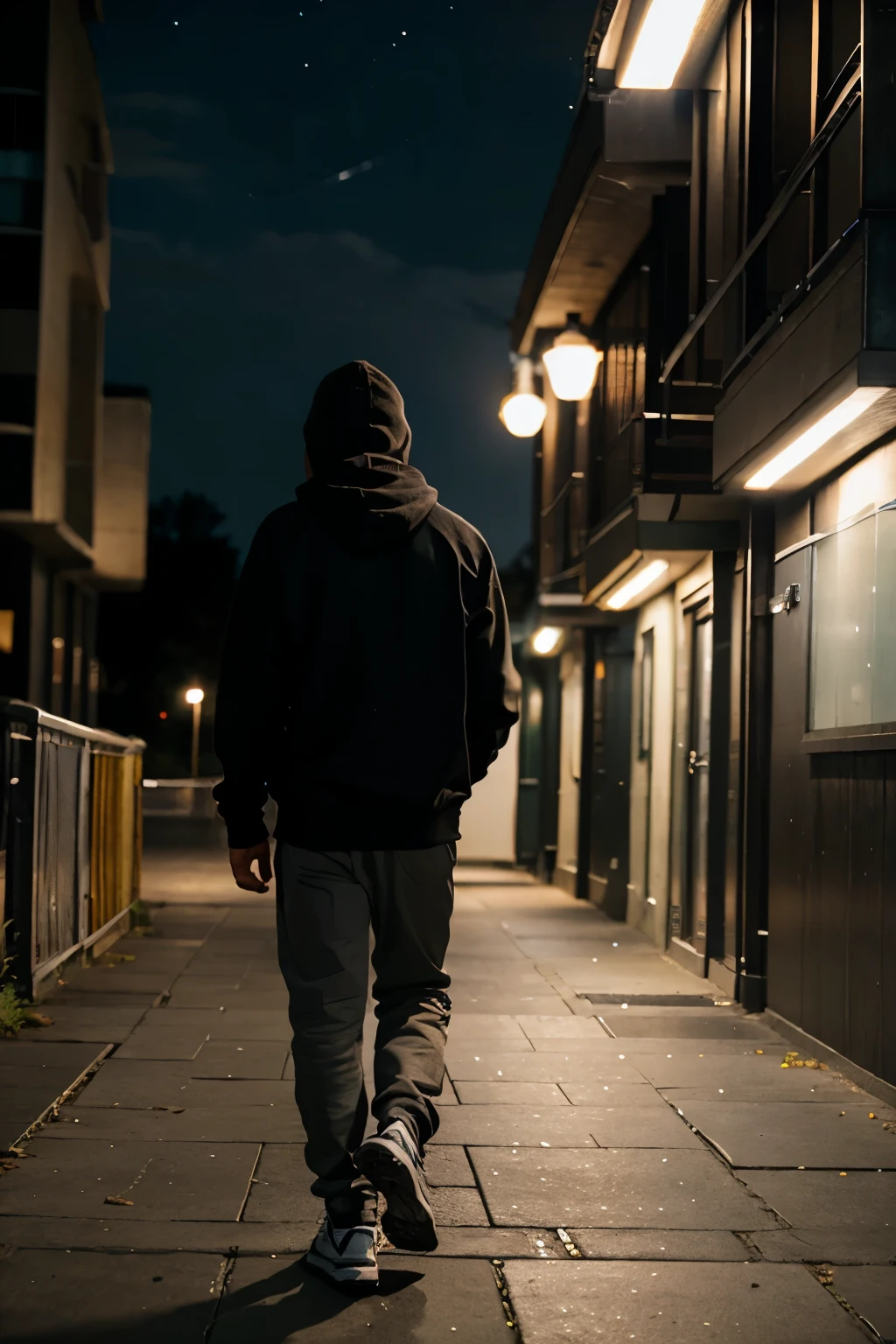 Male; outside; hoodie; night; walkway; facing away the cam;