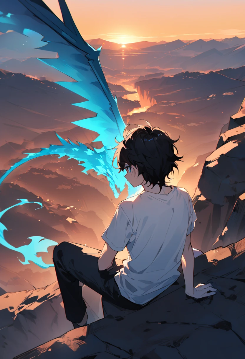 Boys, Blue glowing eyes (Black Hair, White T-shirt, White skin, Messy hair) sitting at the edge of a cliff, Back to camera (Back to camera), Looking at the dusk sky,There is a shadow of a dragon flying in the distance