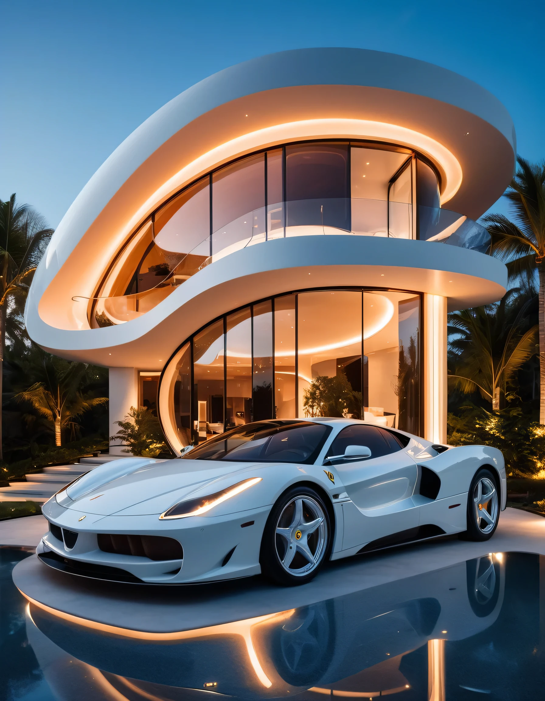 a futuristic house with a white Ferrari testarossa parked in front of it, cgsocietywlop, beautiful curves, intricate devilish designs, qualia, interesting shapes & form, wow factor, elaborate polished, architectural rendering, miami, orange soft lighting in interior of house, futuristic battlefield, inspired by James E. Brewton, precise architectural rendering