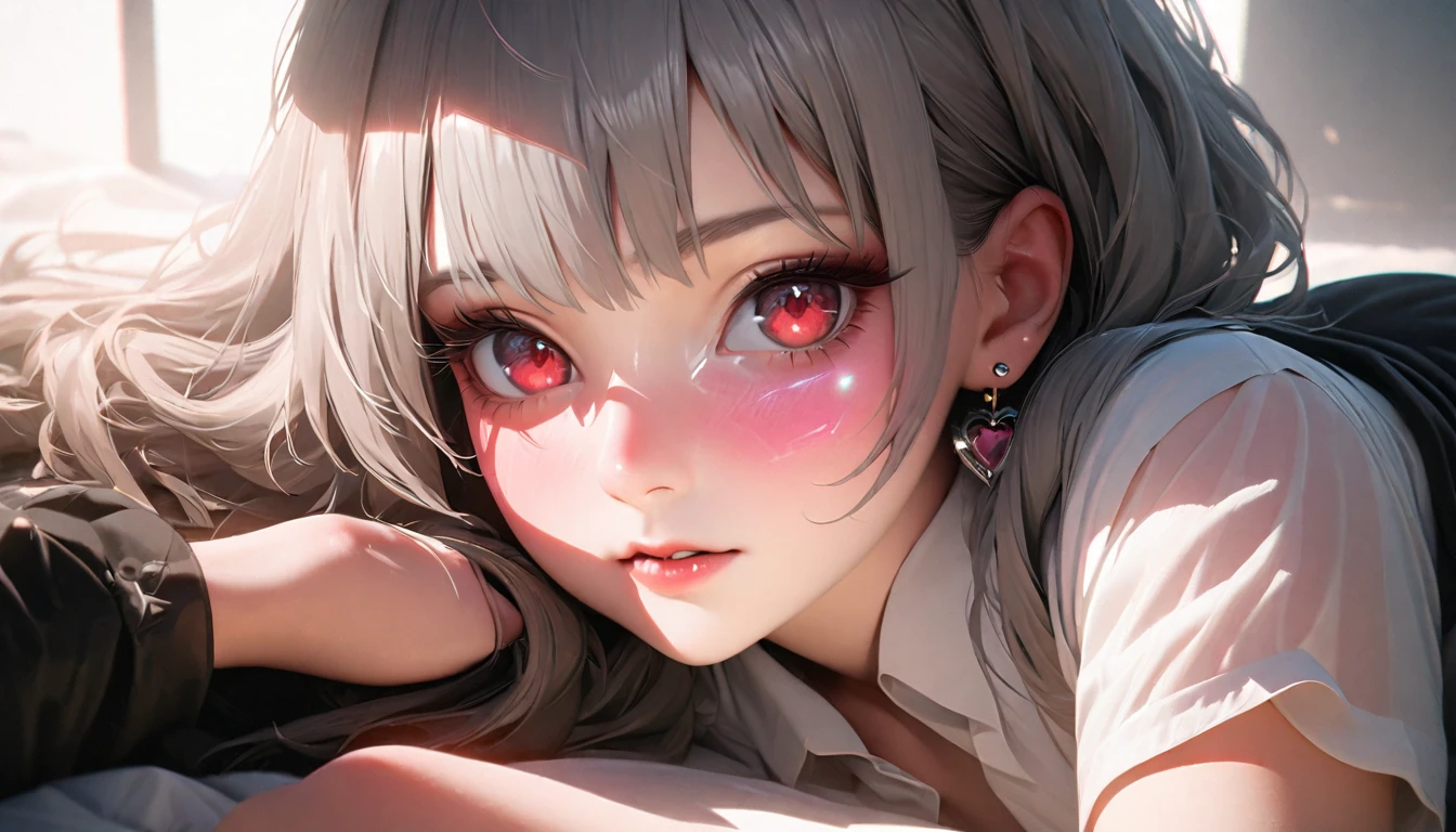 Gentle expression, Lying down, White glasses, Short grey hair(8k, RAW Photos, Realistic:1.25) ,( Lip gloss, eyelash, Glossy face, Glowing Skin, Highest quality, 超High resolution , Depth of written boundary, chromatic aberration, Caustics, Wide Light, Natural Shadows, K-Pop Idols) She gazes at the viewer with a look of serenity and goddess-like bliss., whole body,Red eyes, White underwear, Black Stockings, See-through shirt, White shirt,Black Skirt,Earrings, tooth, secretary,masterpiece, High resolution, Octance 4K, Attention to detail