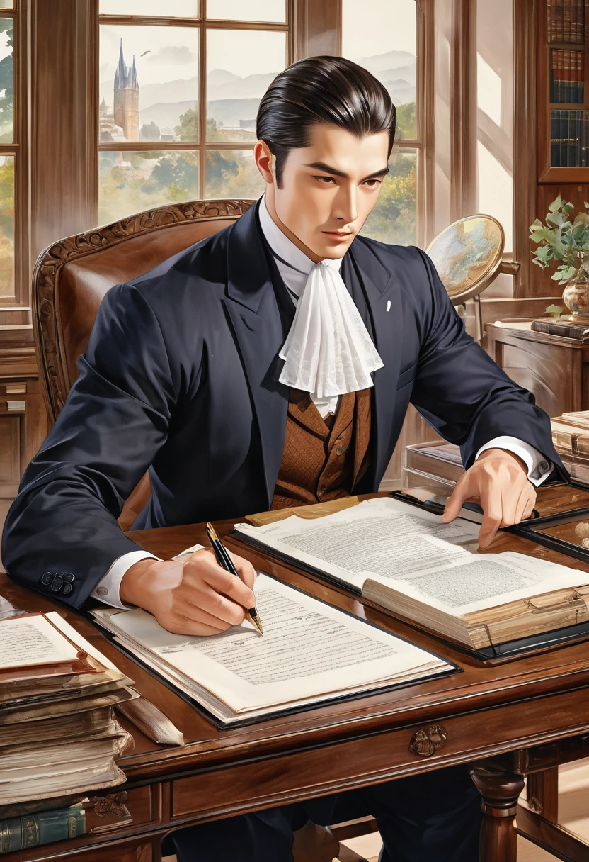  Exactly perfect anatomical structure of a handsome lawyer man grading documents at the table，An extremely complex and exquisitely detailed masterpiece of scholarly family culture，Finest Quality Art Style Perfect Composition Intricate Details Meticulous Art High Quality Digital Painting Exquisite Art Painting Master Work The overall composition evokes timeless beauty and extremely refined textures，And presented in the style of meticulous watercolor painting
