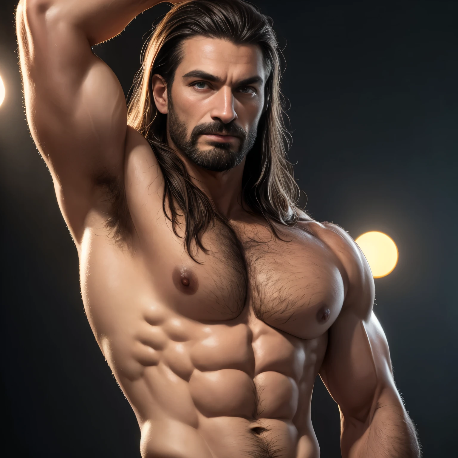 a macho man, huge muscular body, close-up bust, transparent skin, hairy body, armpits, tanned skin, (best quality,4k,8k,highres,masterpiece:1.2),(realistic,photorealistic,photo-realistic:1.37),ultra-detailed,HDR,UHD,studio lighting,ultra-fine painting,sharp focus,physically-based rendering,extreme detail description,professional,vivid colors,bokeh,portrait