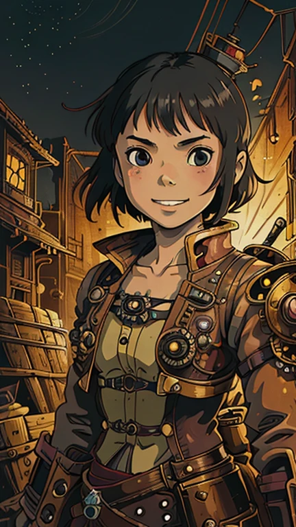 (8k),(masterpiece),(Japanese),(17-year-old girl),((steampunkai)),((ghibli style art style)),From the front,upper body,Cowboy shot,smile,cute,Innocent,Kind eyes,Flat chest,Black Hair,night,dark,steampunk background