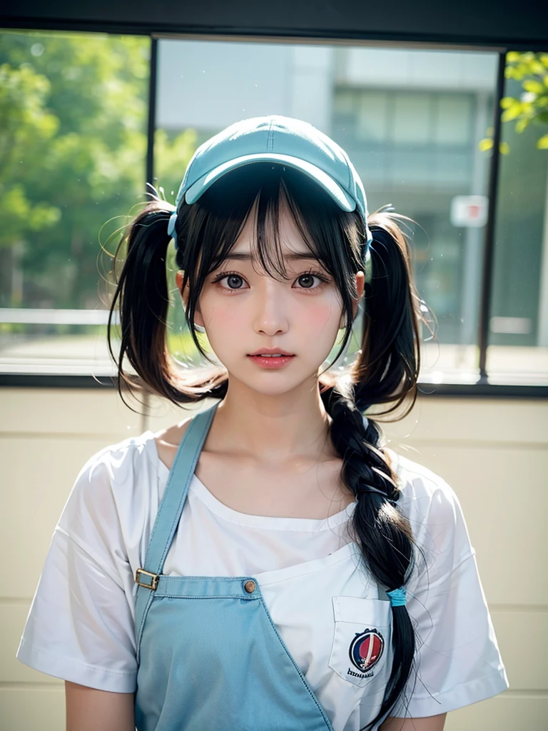 40-year-old Japanese woman、Black Hair、Hair is very short、Twin tails、Hatsune Miku Costume、Headphones、Flat Chest、Realistic photos、Realistic、8K quality、expensive、No bangs、High resolution, Highest quality, Anatomically correct, Winner of numerous awards, ステージ、歌っている、