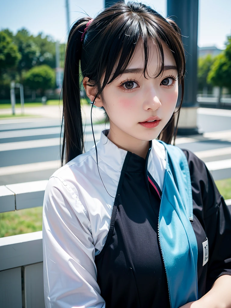 40-year-old Japanese woman、Black Hair、Hair is very short、Twin tails、Hatsune Miku Costume、Headphones、Flat Chest、Realistic photos、Realistic、8K quality、expensive、No bangs、High resolution, Highest quality, Anatomically correct, Winner of numerous awards, ステージ、歌っている、