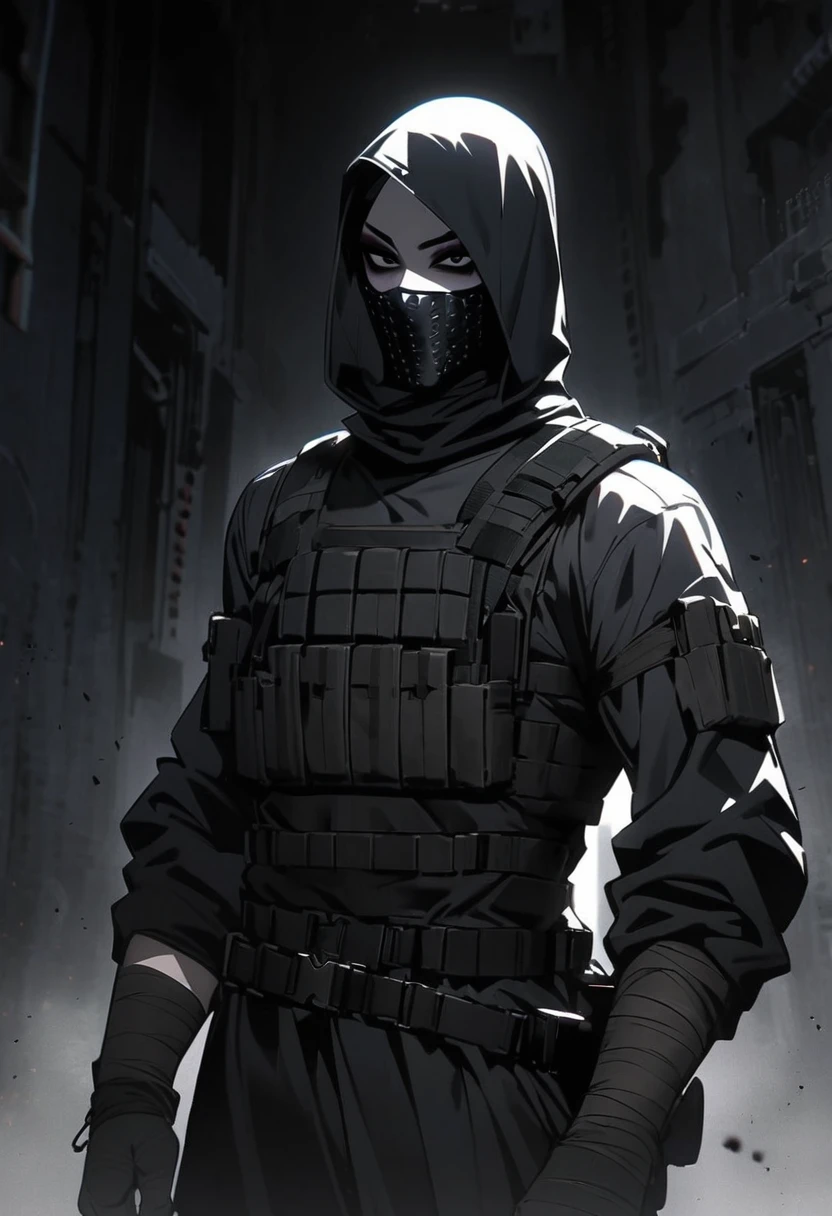 Male arab modern terrorist, terrorist, black balaclava, black bandage, black clothes, thin waist, makeup, black eyeliner, big eyelashes, black eyeshadow, metal choker, pale skin, dark room