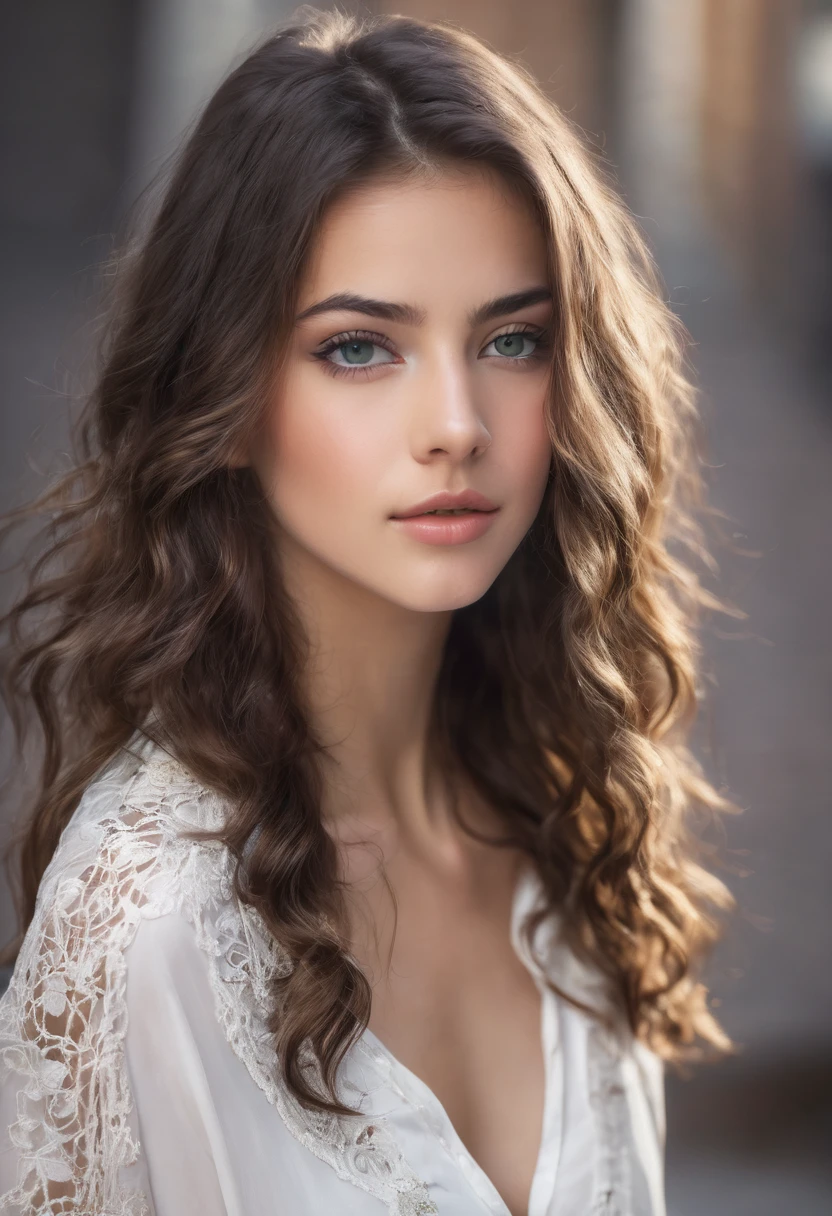 Pretty beautiful brunette, Low cut, very detailed, 18 ans, visage innocent, naturally wavy hair, yeux verts, high resolution, Boss of&#39;ouvrages d&#39;art, best quality, intricate details, very detailed, mise au point nette, detailed skin, texture de peau realistic, texture, detailed eyes, professionnel, 4K, charming smile, prise avec Canon, 85 millimeters, slight depth of field, kodak vision color, corps parfaitement ajusté, extremely detailed, Photograph_\(ultra\), photographiquerealistic, realistic, Post-traitement, maximum details, roughness, real life, ultrarealistic, photorealism, photographie, 8k uh, photographie