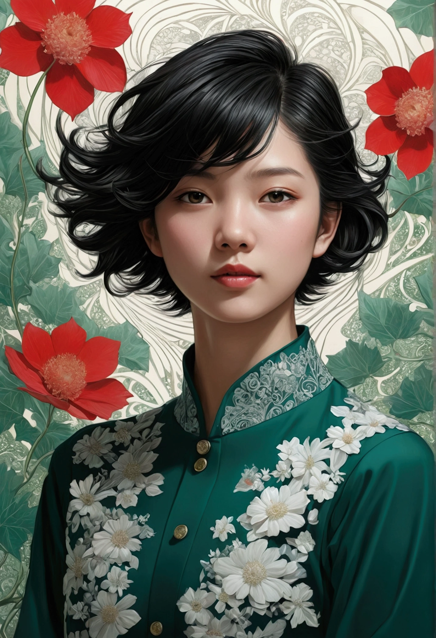 Beautiful and delicate portrait of a playful cute girl with boyish short hair, Black Hair, Emerald Green Sea, Mischievous Smile, Dancing Petals, (Highest quality, masterpiece, Ultra-realistic) Petals are floating in the background Official Art, unity 8k wallpaper, Super detailed, beautifully、aesthetic, masterpiece, Highest quality, (zentangle, mandala, Tangle, enTangle), (fractal art:1.3) , One girl, Red flower, Very detailed, Dynamic Angle, Cowboy Shot, The most beautiful form of chaos, elegant, Brutalist design, Vibrant colors, Romanticism, James Jean, Robbie Dowie Anton, ross tran, francis bacon, It was freezing cold, adrian&#39;s genius, Petra Cortright, gerhard richter, takato yamamoto, Ashley Wood, Atmospheric optical illusion