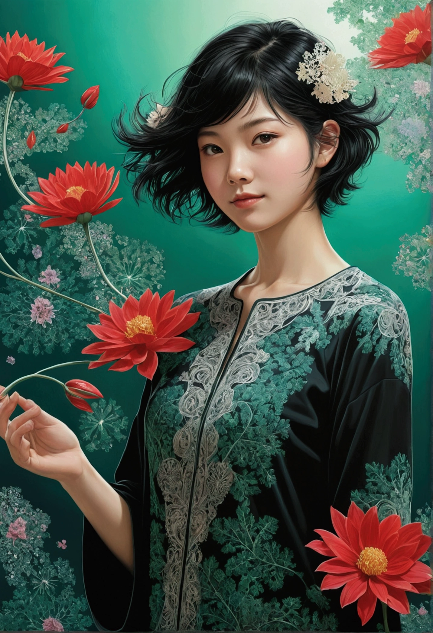 Beautiful and delicate portrait of a playful cute girl with boyish short hair, Black Hair, Emerald Green Sea, Mischievous Smile, Dancing Petals, (Highest quality, masterpiece, Ultra-realistic) Petals are floating in the background Official Art, unity 8k wallpaper, Super detailed, beautifully、aesthetic, masterpiece, Highest quality, (zentangle, mandala, Tangle, enTangle), (fractal art:1.3) , One girl, Red flower, Very detailed, Dynamic Angle, Cowboy Shot, The most beautiful form of chaos, elegant, Brutalist design, Vibrant colors, Romanticism, James Jean, Robbie Dowie Anton, ross tran, francis bacon, It was freezing cold, adrian's genius, Petra Cortright, gerhard richter, takato yamamoto, Ashley Wood, Atmospheric optical illusion