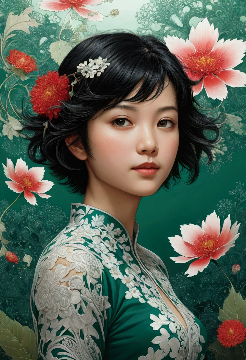 Beautiful and delicate portrait of a playful cute girl with boyish short hair, Black Hair, Emerald Green Sea, Mischievous Smile, Dancing Petals, (Highest quality, masterpiece, Ultra-realistic) Petals are floating in the background Official Art, unity 8k wallpaper, Super detailed, beautifully、aesthetic, masterpiece, Highest quality, (zentangle, mandala, Tangle, enTangle), (fractal art:1.3) , One girl, Red flower, Very detailed, Dynamic Angle, Cowboy Shot, The most beautiful form of chaos, elegant, Brutalist design, Vibrant colors, Romanticism, James Jean, Robbie Dowie Anton, ross tran, francis bacon, It was freezing cold, adrian's genius, Petra Cortright, gerhard richter, takato yamamoto, Ashley Wood, Atmospheric optical illusion