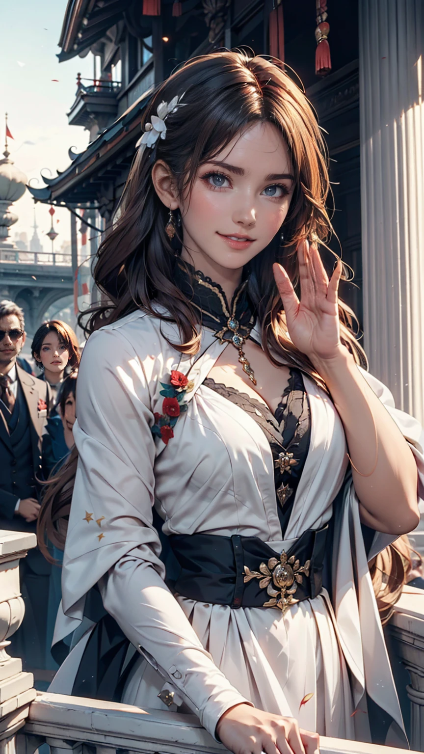 On the balcony of the palace、A woman from the royal family waves to the crowds。She smiled with grace.、Maintains a graceful posture