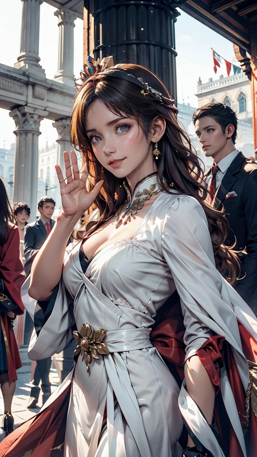 On the balcony of the palace、A woman from the royal family waves to the crowds。She smiled with grace.、Maintains a graceful posture