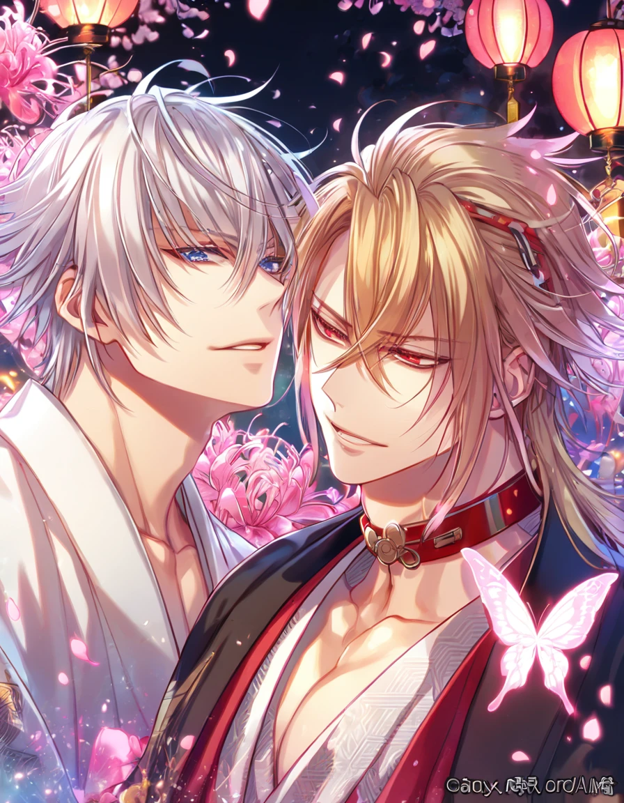 absurd resolution, high resolution, ultra detailed, detailed eyes, extremely detailed, HDR, 8K, Kazama Chikage, honey blonde hair, expressive red eyes, Hakuouki, Kuninaga Tenka, white hair, expressive blue eyes, white eyelashes, two sexy men together, yaoi, gay couple, handsome, black haori, white kimono, red collar, fantasy, cool, magical, pink glittering butterflies, pink dust flying around, pink spider lilies, pink petals, pink lanterns, Japanese ambiance, cherry blossoms