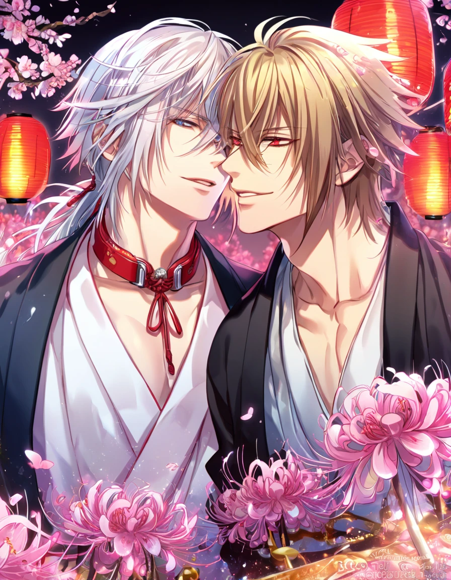 absurd resolution, high resolution, ultra detailed, detailed eyes, extremely detailed, HDR, 8K, Kazama Chikage, honey blonde hair, expressive red eyes, Hakuouki, Kuninaga Tenka, white hair, expressive blue eyes, white eyelashes, two sexy men together, yaoi, gay couple, handsome, black haori, white kimono, red collar, fantasy, cool, magical, pink glittering butterflies, pink dust flying around, pink spider lilies, pink petals, pink lanterns, Japanese ambiance, cherry blossoms