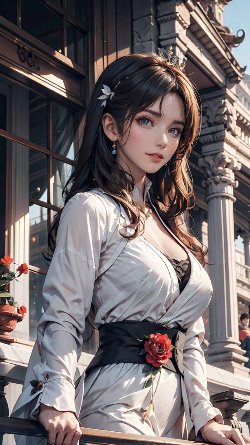 On the balcony of the palace、A woman from the royal family waves to the crowds。She smiled with grace.、Maintains a graceful posture