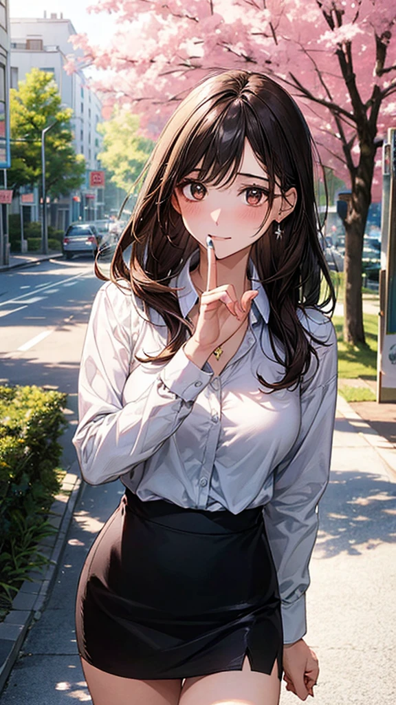 ((Highest quality, High resolution, masterpiece, detailed)),
Cowboy Shot, Written boundary depth, View your audience, Anatomically correct, １people, woman, Perfect Face, Cute and symmetrical face, Shiny skin,
(Long Hair, Straight hair, Black Hair), Chestnut brown eyes, (Large Breasts:0.8),
Beautiful details, Beautiful Hair, Beautiful Face, Beautiful clavicle, Beautiful body, Beautiful breasts, Beautiful thighs, Beautiful feet,
(Collared shirt, Short pencil skirt, necklace),
(Beautiful views), evening, summer, walk, Tree-lined street, (The gesture of tucking hair behind the ear),