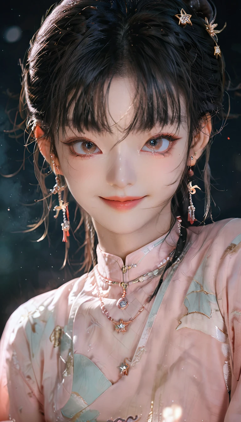 best quality, masterpiece, high resolution, 1 Girl,blush,(Charming smile:0.8),Star-shaped pupil,china hanfu,Hair accessories,necklace, Jewelry,Pretty Face,Above_Body, Tyndall effect,Reality, Dark Studio, Edge lighting, Two-tone lighting,(High Detail Skin:1.2), 8K uhd, Digital SLR Camera, Soft lighting, high quality, Volumetric Lighting, frank, photo, high resolution, 4K, 8K, Bokeh