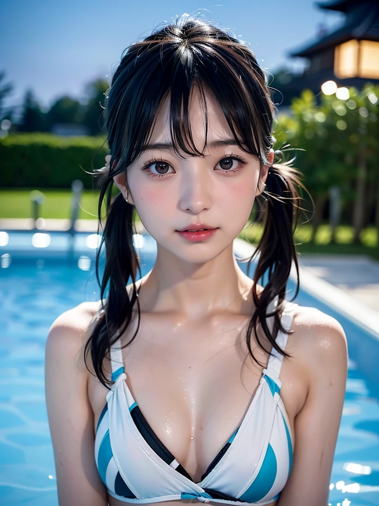 40-year-old Japanese woman、Black Hair、Hair is very short、Twin tails、Hatsune Miku Costume、Headphones、Flat Chest、Realistic photos、Realistic、8K quality、expensive、No bangs、High resolution, Highest quality, Anatomically correct, Winner of numerous awards, Swimwear、Poolside、night、nightのプール