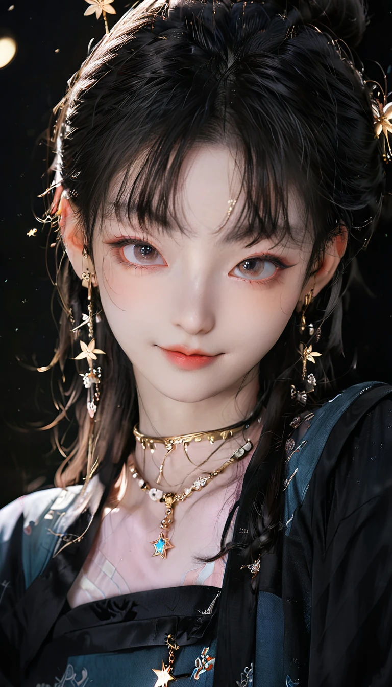best quality, masterpiece, high resolution, 1 Girl,blush,(Charming smile:0.8),Star-shaped pupil,china hanfu,Hair accessories,necklace, Jewelry,Pretty Face,Above_Body, Tyndall effect,Reality, Dark Studio, Edge lighting, Two-tone lighting,(High Detail Skin:1.2), 8K uhd, Digital SLR Camera, Soft lighting, high quality, Volumetric Lighting, frank, photo, high resolution, 4K, 8K, Bokeh
