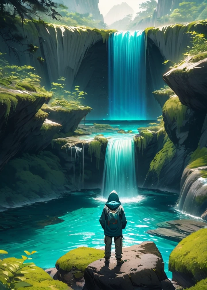 Generate a scenic image of a person standing at the edge of a rocky outcrop, overlooking a series of cascading waterfalls. The water is a vibrant turquoise blue, surrounded by dark, moss-covered rocks and sparse vegetation. The person is dressed in a hooded jacket and outdoor pants, facing away from the camera, taking in the breathtaking view. The overall atmosphere is serene and awe-inspiring, capturing the beauty of nature in a remote location."