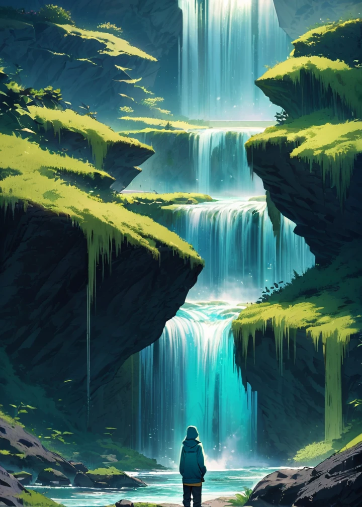 Generate a scenic image of a person standing at the edge of a rocky outcrop, overlooking a series of cascading waterfalls. The water is a vibrant turquoise blue, surrounded by dark, moss-covered rocks and sparse vegetation. The person is dressed in a hooded jacket and outdoor pants, facing away from the camera, taking in the breathtaking view. The overall atmosphere is serene and awe-inspiring, capturing the beauty of nature in a remote location."