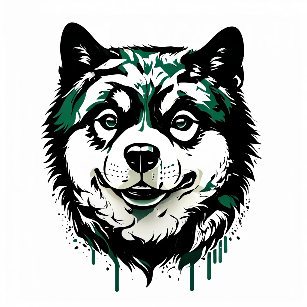 a friendly American Akita dog, green theme, monochrome, beautiful detailed illustration, detailed dog face, detailed eyes and nose, detailed fur texture, white background, (best quality,4k,8k,highres,masterpiece:1.2),ultra-detailed,(realistic,photorealistic,photo-realistic:1.37),digital illustration,graphic design,minimalist,clean design,vibrant colors,high contrast