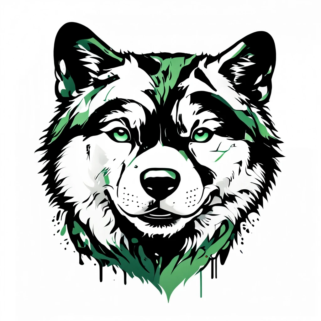 a friendly American Akita dog, green theme, monochrome, beautiful detailed illustration, detailed dog face, detailed eyes and nose, detailed fur texture, white background, (best quality,4k,8k,highres,masterpiece:1.2),ultra-detailed,(realistic,photorealistic,photo-realistic:1.37),digital illustration,graphic design,minimalist,clean design,vibrant colors,high contrast