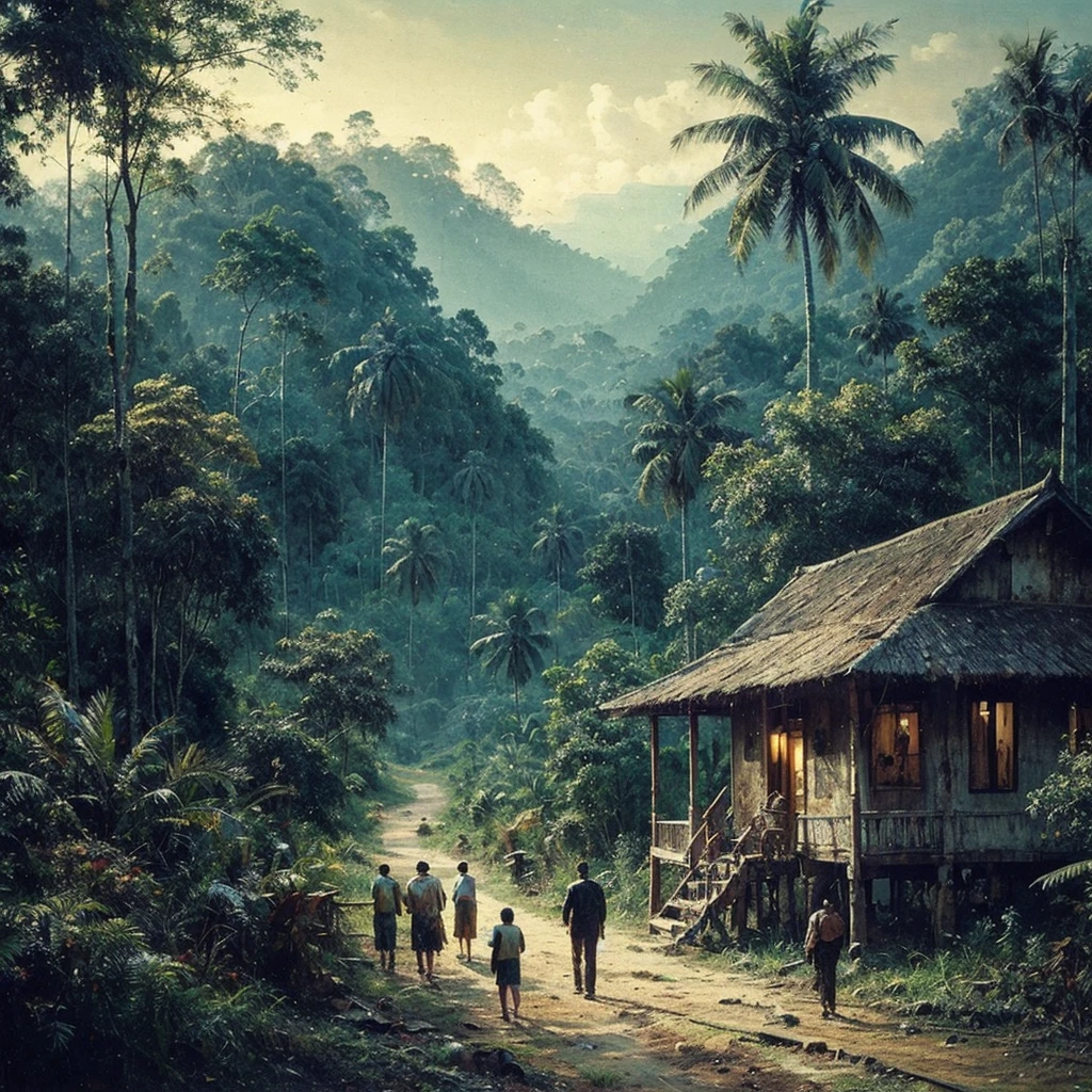 Oil paint splattered era 1960, a view, dirt road junction, There is an open house without a room where 2 people are chatting in the house, There was a man who was walking behind him, there was a woman, samping kanan kiri forest rapat borneo, there is a mountain background, forest, coconut tree, and trees, there is bush grass, ferns plant,very dark night,naturalism,Realism,very dull canvas,basuki abdullah style,Oil paint splashes are intuitive