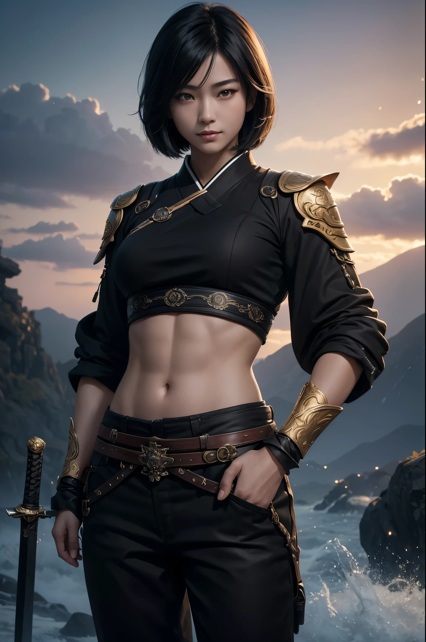 8k、alone、16 year old big breasted beauty,Super Beauty(Like the real thing),Iris,super beautiful teenager,Black short bob hair,黒と赤のSexy Exterior,Black trousers,Golden decoration,長くて大きなJapanese sword,Demon Slayer: Androgynous Beauty,A wonderful work of art、Wind effects:1.9、Cloud Effect:1.2、Full Rendering,Unreal Engine、Japanese sword 1本,Cool beauty,Ultra-high resolution,super 超Realistic Skin,Ultra-precise hand-crafted detailing,1Japanese sword,smile,Photorealistic RAW photos of the highest quality。Backlight, Cinema Lighting, Film Grain, 50mm lens, Nikon D850,Realistic Skin,Fantasy art,Character Art,Ultra-high resolution,Muscular and slim body,Muscular and lean lower body,Precise facial details,What's left behind,Perfect hands,Cool sexy beauty,landscape,Ultra-realistic smoke,Extremely ripped abs,Muscular Beauty,Very large breasts,Sexy Exterior,Wide open chest,Body balance,smile,Makeup,Accentuate your cleavage,Dynamic fighting pose,