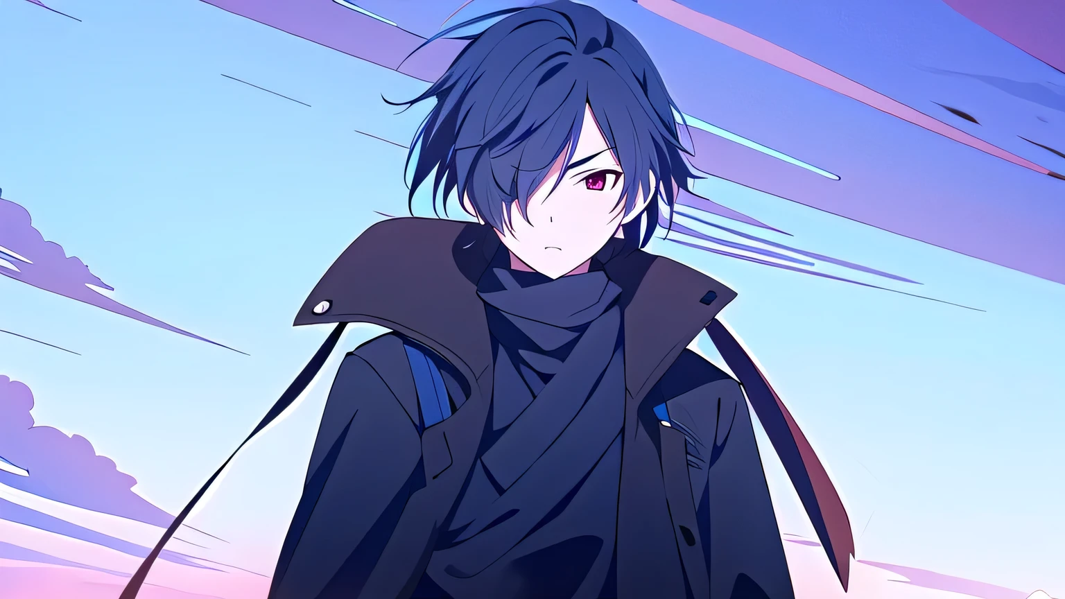 high resolution, solo, 1boy, man, male, red eyes, hair closed left eye ,high Tied hair, samurai hairstyle, black trench coat, blue hair, precise, Anatomically correct, upper body