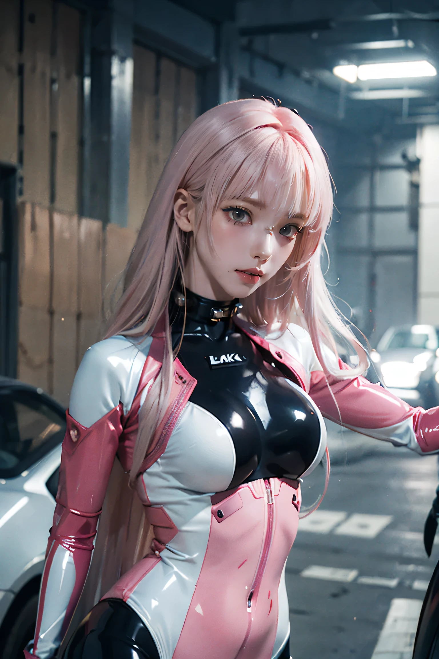 Highest quality，masterpiece，The ultimate solution，Sophisticated，Very colorful，color，(Latex bodysuit:1.4)，Black Stockings，Starry Sky Android!,More detailed 8K.Unreal Engine:1.4,Ultra HD,La Highest quality:1.0, Realistic:1.4, Skin Texture:1.4, masterpiece:1.8,First Job, Highest quality,Object Object], (Detailed facial features:1.3),(Pink long hair:1.4),（Beautifully detailed eye depiction）,(hand:1.4), (Sportswear:1) , (Large Breasts),(See-through)