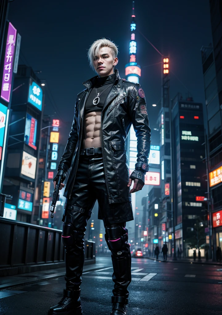 man character, cyber punk, and a futuristic japan style city
