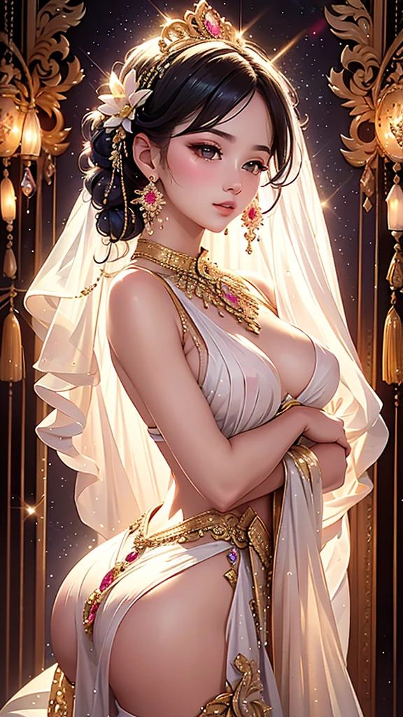 The art depicts a charming woman dressed in a flowing, oriental transparent dress, decorated with y patterns and bright colors. Showing small round asser transparent dress drapes elegantly over her curvy figure, accentuating her seductive silhouette. She stood gracefully in the quiet moonlit night, bathed in the soft glow of the moonlight. The scene exudes an ethereal and dreamy atmosphere, with a touch of mystery and sexine The graphic style blends watercolor and digital illustration techniques to evoke a refined beauty and charm. The lights are filled with soft moonlight, casting soft highlights and shadows on her charming features. Bare buttocks,imensional facial features, lying on bed, clear eyes, topless, nipples visible,fy,