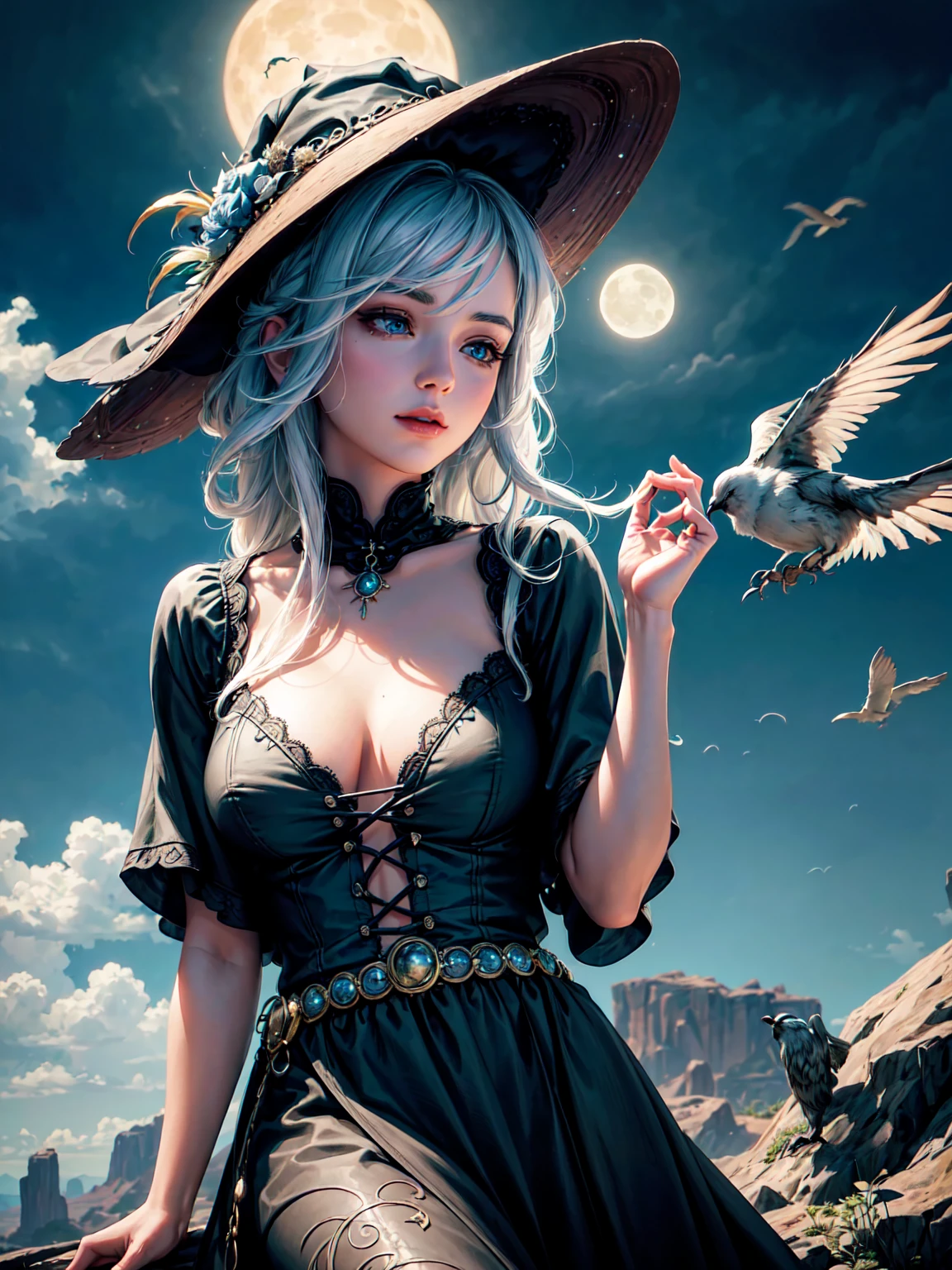 a beautiful detailed girl with silver hair, a witch, outdoors in a cloudy blue sky with the sun, moon, and birds, masterpiece, hyper detailed, (best quality,4k,8k,highres,masterpiece:1.2),ultra-detailed,(realistic,photorealistic,photo-realistic:1.37),extremely detailed eyes and face,longeyelashes,detailed clouds,detailed sky,detailed sun,detailed moon,detailed birds,highly detailed witch,outdoor scene