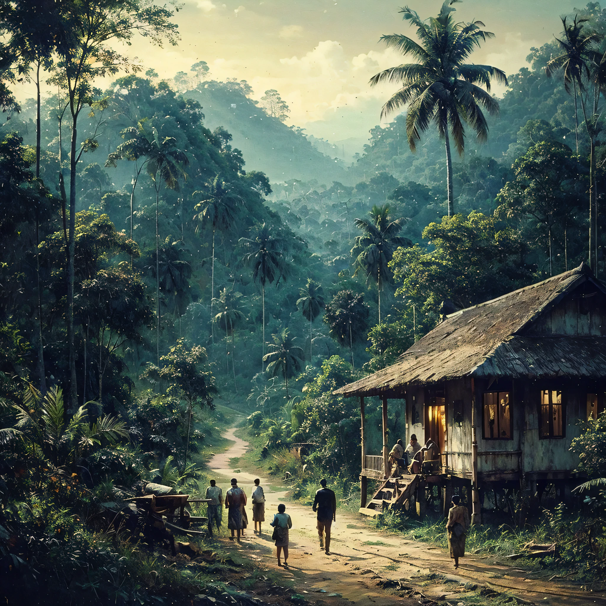 Oil paint splattered era 1960, a view, dirt road junction, There is an open house without a room where 2 people are chatting in the house, There was a man who was walking behind him, there was a woman, samping kanan kiri forest rapat borneo, there is a mountain background, forest, coconut tree, and trees, there is bush grass, ferns plant,very dark night,naturalism,Realism,very dull canvas,basuki abdullah style,Oil paint splashes are intuitive