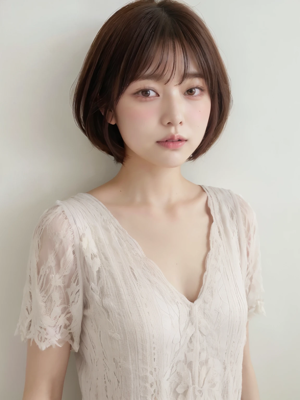 photographic,(cowboy_shot,) mature_female,wavy_fluffy bob cut,blunt bangs,brown hair,drooping eyes,thick lips,((petite,)) ((round face,)) (Cool impressions, small_breasts),various poses,