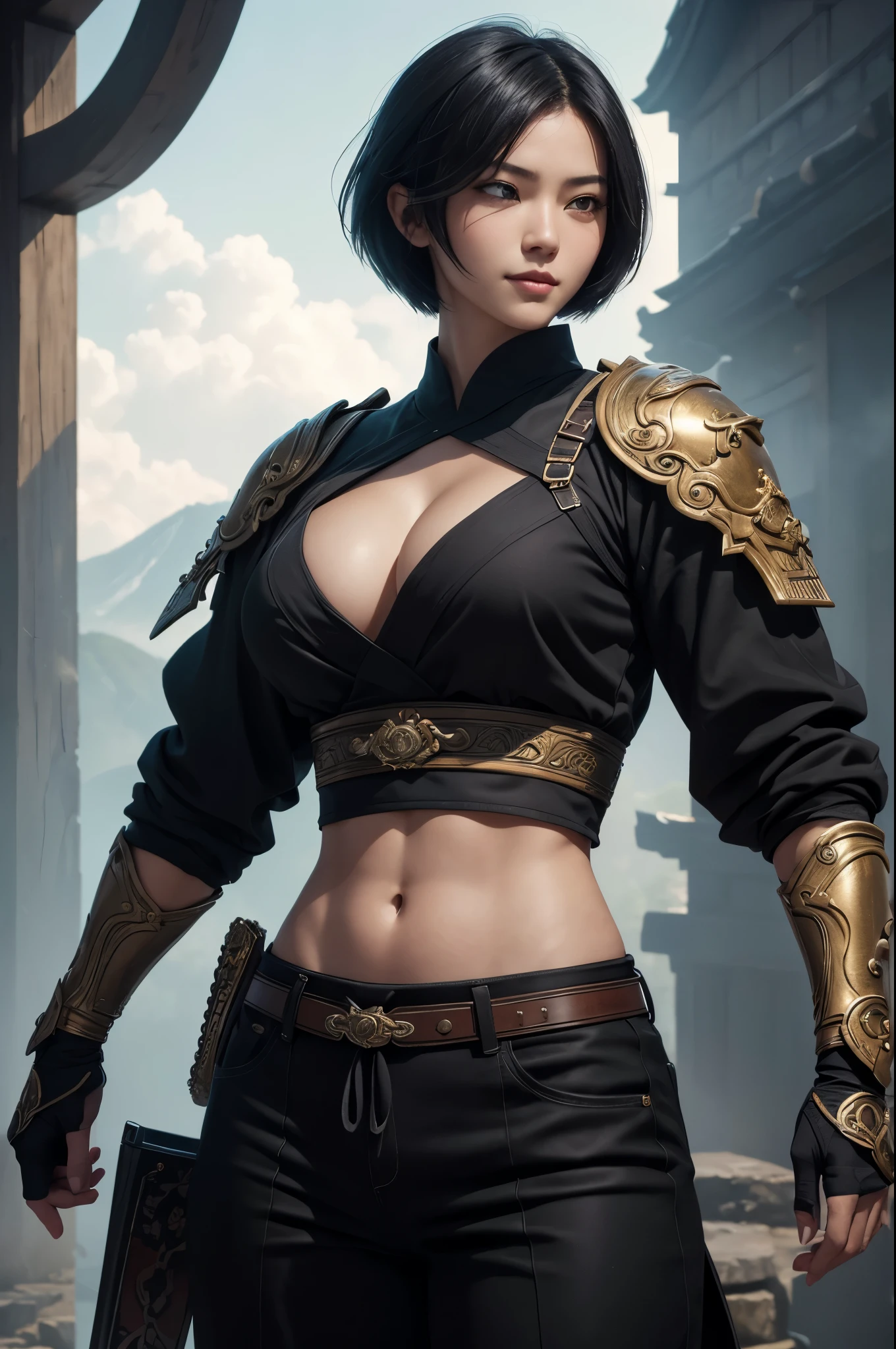 8k、alone、16 year old big breasted beauty,Super Beauty(Like the real thing),Iris,super beautiful ager,Black short bob hair,黒と赤のSexy Exterior,Black trousers,Golden decoration,長くて大きなJapanese sword,Demon Slayer: Androgynous Beauty,A wonderful work of art、Wind effects:1.9、Cloud Effect:1.2、Full Rendering,Unreal Engine、Japanese sword 1本,Cool beauty,Ultra-high resolution,super 超Realistic Skin,Ultra-precise hand-crafted detailing,1Japanese sword,smile,Photorealistic RAW photos of the highest quality。Backlight, Cinema Lighting, Film Grain, 50mm lens, Nikon D850,Realistic Skin,Fantasy art,Character Art,Ultra-high resolution,Muscular and slim body,Muscular and lean lower body,Precise facial details,What's left behind,Perfect hands,Cool sexy beauty,landscape,A lot of thick red smoke(largely),Ultra-realistic smoke,Extremely ripped abs,Muscular Beauty,Very large breasts,Sexy Exterior,Wide open chest,Body balance,smile,Makeup,Accentuate your cleavage,Dynamic fighting pose,