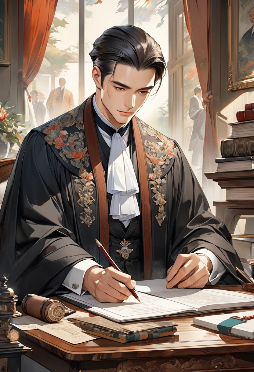  Exactly perfect anatomical structure of a handsome lawyer man grading documents at the table，An extremely complex and exquisitely detailed masterpiece of scholarly family culture，Finest Quality Art Style Perfect Composition Intricate Details Meticulous Art High Quality Digital Painting Exquisite Art Painting Master Work The overall composition evokes timeless beauty and extremely refined textures，And presented in the style of meticulous watercolor painting
