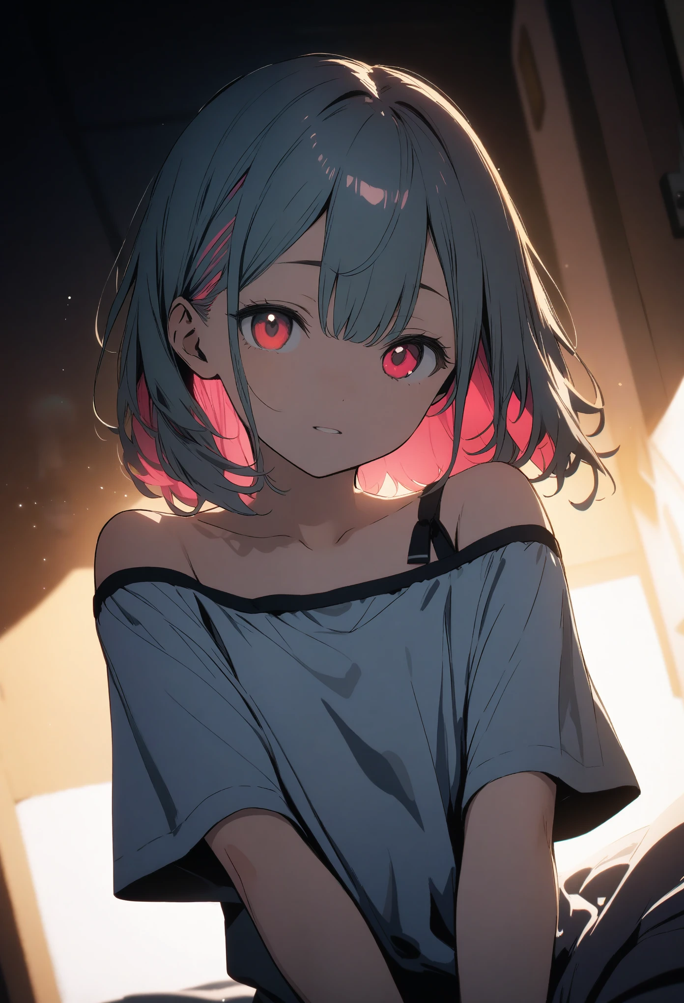 One 14-year-old girl, (Off-the-shoulder T-shirt)、(Red-pink inner color hairstyle), Beautiful Hair, Facial Contour, Remember, Hotel, moonlight、splash, Lens flare,, Natural Color, High resolution, Very delicate, Very detailed, 8k,(There is swelling of the breasts、About B cup)、(Shyness),((Sexual))、bed、Hiding the body with the sheets、(Angle of view from face)