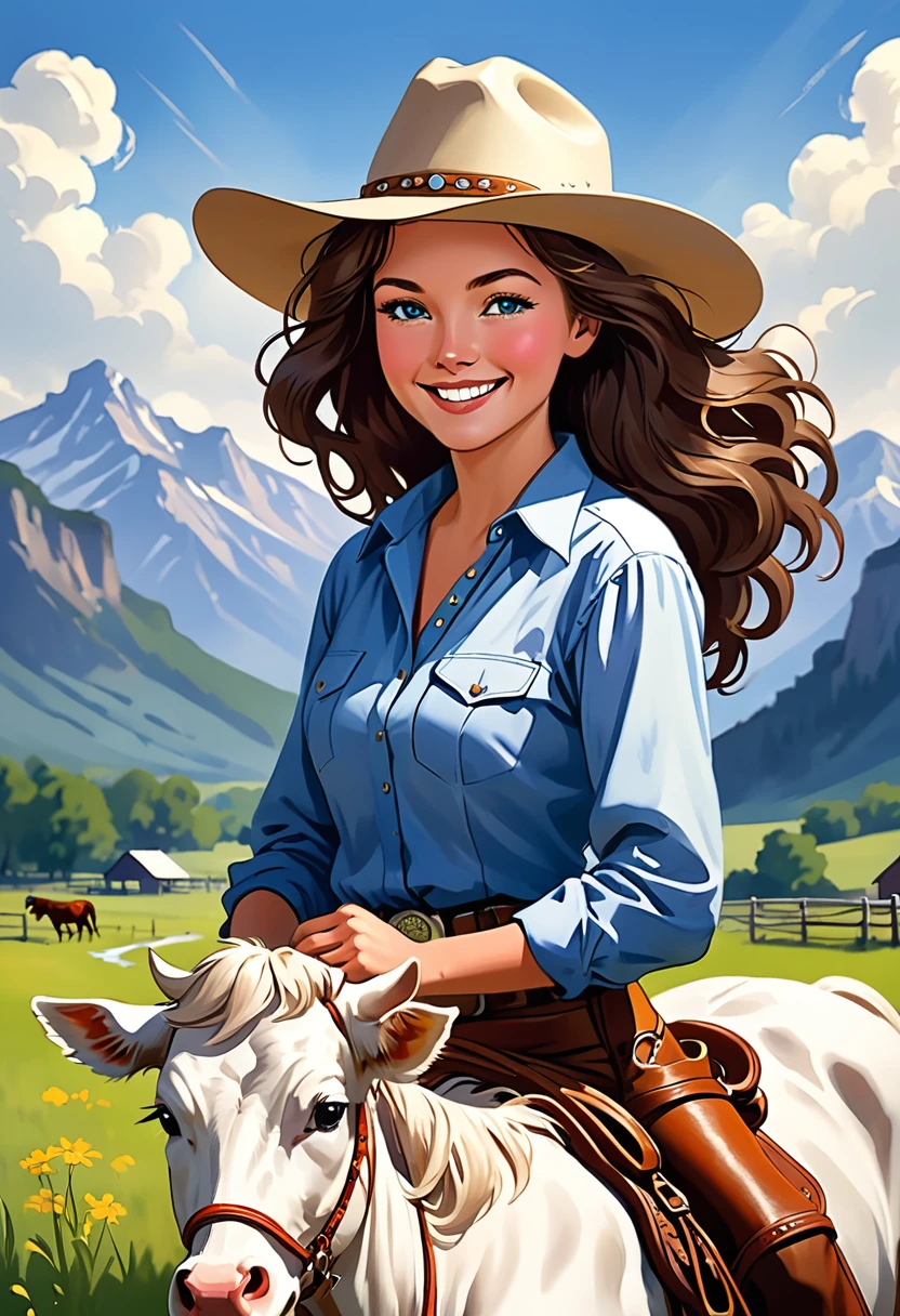 Patricia: The Cowgirl with a Heart of Gold On a vast, serene farm, surrounded by mountains and crossed by a crystal clear river, There lived a young woman named Patricia. Since small, Patricia demonstrated a special connection with nature and animals, especially with horses. Her beauty and friendliness were remarkable, But what caught the most attention was his free and determined spirit.
Patricia had long, wavy hair that shone like the rising sun and eyes as blue as the summer sky.. Your skin was kissed by the sun, reflecting days spent outdoors, riding through the pastures and tending the cattle. With a charming smile and a contagious laugh, she conquered everyone around her.
From an early age, Patricia was inspired by the figure of her grandfather, a respected and admired cowboy in the region. He taught him everything about country life: how to ride and care for a horse, the art of roping and guiding cattle, and the importance of respecting the land and animals. under your guidance, Patricia became a skilled and dedicated cowgirl.
The Spirit of a Cowgirl Patricia didn't just inherit her grandfather's skills, but also his generous heart and his unshakable determination. She woke up before dawn, ready to face any challenge the day might bring. Riding on your horse, Tornado, a black stallion with a white star on his forehead, she patrolled the fences, checked the cattle and resolved problems that arose on the ranch.
His passion for animals went beyond the call of duty. Patricia knew each of her cows by name and cared for them as if they were part of the family. When a calf got sick, She didn't hesitate to spend sleepless nights by his side, ensuring that you receive the necessary care. His dedication and unconditional love were evident in everything he did.
A Welcoming Heart Patricia's farm was not just a place to work, but also a refuge for travelers and for injured or abandoned animals. She always had a meal