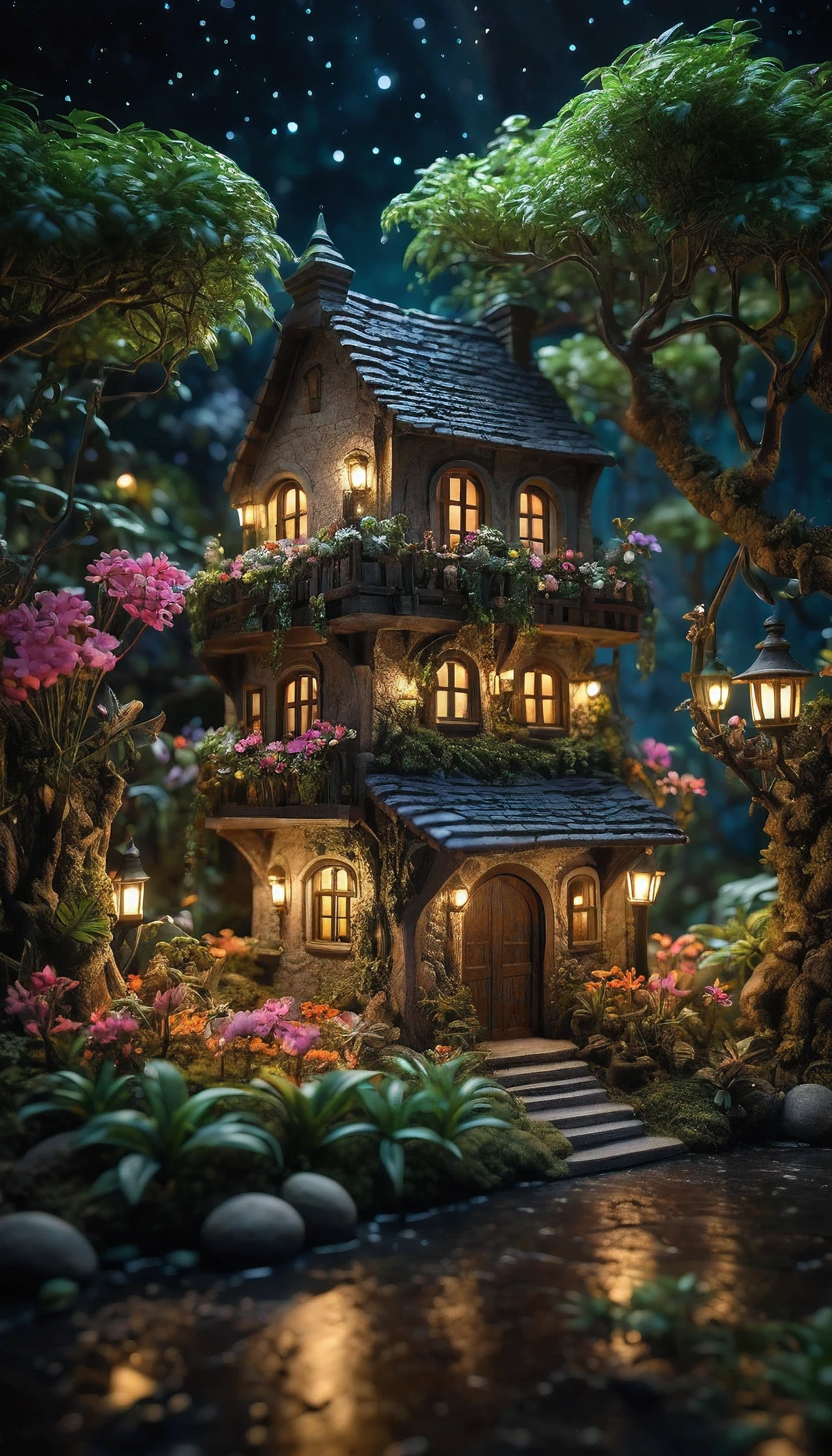 A stunning, ultra-realistic 3D render of a miniature scene set in a magical rainforest, miniature medieval city,night time,starry night,The low-key mood is enhanced by the soft lighting, casting a warm glow over the delicate colorful flowers and softly lit branches. The depth of field creates a sense of depth and atmosphere, with the bright cinematic lighting highlighting the intricate details of the scene. The happy, smiling miniature figure adds a touch of whimsy, while the wide landscape view and sharp focus showcase the super complex design and outstanding quality of the image.