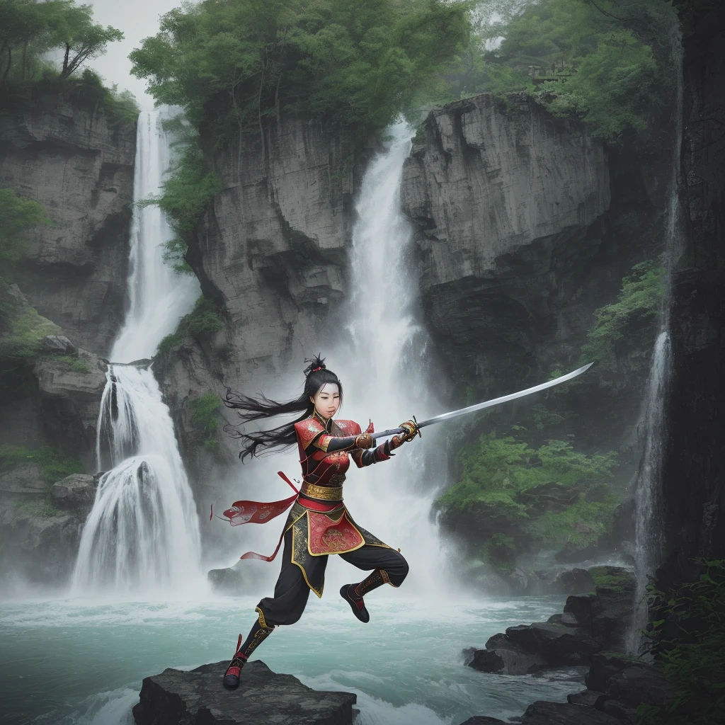 photography of female chinese warrior was swinging a sword forward, in front of her was a beautiful waterfall,powerful image of nature --ar 9:16 --style raw