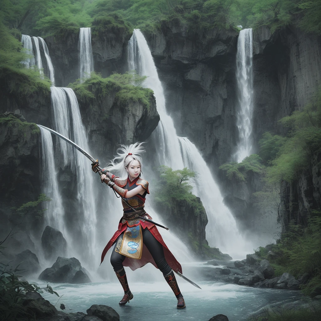 photography of female chinese warrior was swinging a sword forward, in front of her was a beautiful waterfall,powerful image of nature --ar 9:16 --style raw