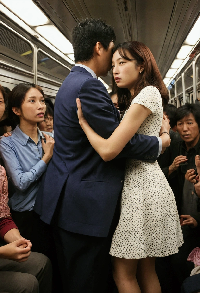 A man forcibly groping a woman standing on a crowded train from behind。Women are holding back。