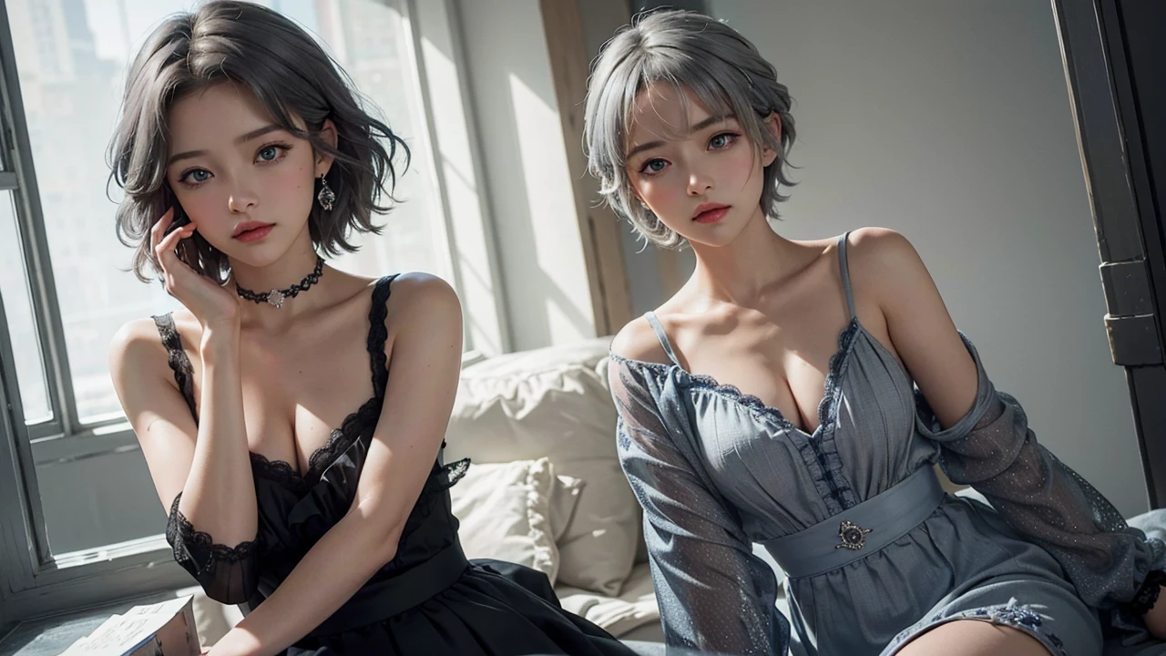 masterpiece, best quality, highres, 1girl, solo, anastasia (idolmaster), idolmaster cinderella girls, blue eyes, short hair, grey hair, black dress, cowboy shot, , closed mouth, upper_body,