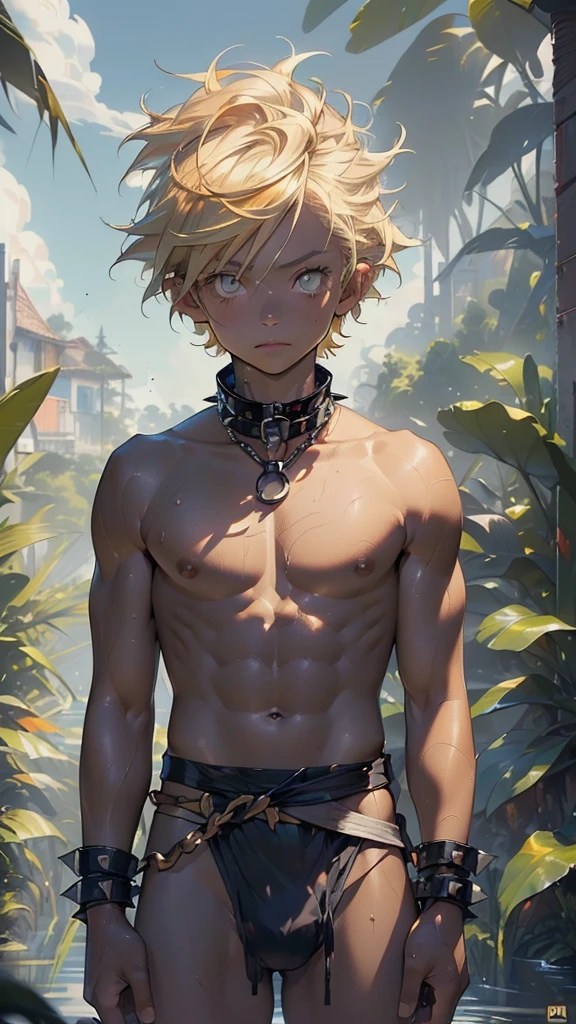  tribal,(((little Boyy,,1Boy,male))),((((8 years)))),

baby breast,(((blonde hair,punk hair,dyed inner hair))),((yellow_eyes:1.3))),difficult eyes,beautiful detailed eyes,symmetrical eyes,big eyes:1.5,(((black skin,dark skin,Shiny skin:1.5,tanned skin,bright skin: 1.5,tanned skin,Shiny skin,very Shiny skin,shiny body))),(((Child body,a little chubby,good anatomy,Exact body proportions,detailed shota body for young Boy,Ideal Anatomy))),(((detailed face and eyes))),

(nsfv),

((((bare chest,naked torso)))),(barefoot,),(((Dog collar with spikes,studded collar,edge,edge collar,Long chain leash, attached to a collar.,shackles,loincloth,bulge in loincloth))),((torn clothes,wet clothes,difficult outfit)),

dynamic pose,I look at the viewer,(serious),centered,scale to size,Rule of thirds,

on open air,overgrown,(overgrown background),landscape,extremely landscape,(Puddles are everywhere,moon,moon on the background),clouds,water lilies,palms,already,(sunset, golden hour),

(Glossy Egyptian ornaments),(top quality,8 K,32K,​masterpiece),a high resolution,(Photorealistic:1.4),Ray tracing,sun glare,depth of field,By lighting effect,Add depth to your screen,(((bright colors,bright theme))),(difficult),(high contrast,photorealistic artwork:1.37),(Best quality,4K,a high resolution,masterpiece:1.2),ultra detailed,(realistic,photorealistic,photo-realistic:1.37),professional, грустный